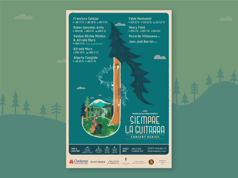 Siempre La Guitarra Eigth Note 2020 Poster bird branding classic guitar concert poster event poster guitar illustration logo design lumberjack music note notes pnw poster tree tree house trees vector vector illustration