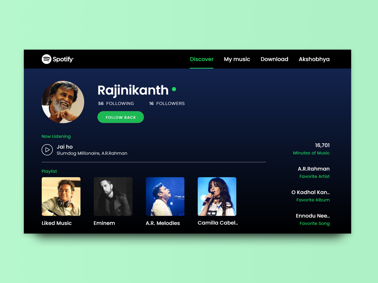 Spotify profile. Spotify UI. Spotify interface.