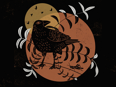 The Crow and the Grasshopper bird black crow dark grasshopper illustration insect leaves linocut outlines photoshop spooky texture