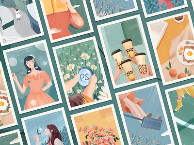 Spring story collection blue collection design girl green illustration postcard spring story warm 设计