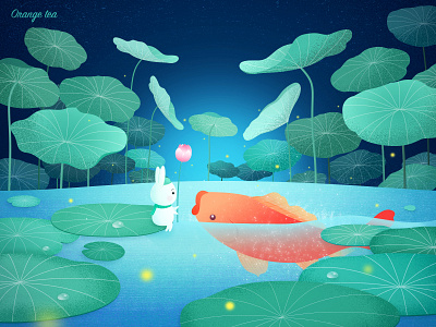 Rabbit Travel 03 dream illustration koi fish lotus leaf 设计