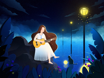 Music life | Ukulele girl 02 girl illustration moon night ukulele