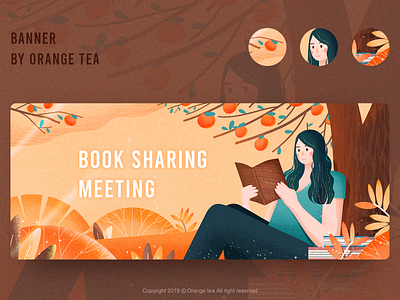 Illustration banner 03 design girl grass illustration orange reading tangerine tree 插图 设计