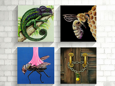 Handmade paintings chameleon design door fine arts fly handmade honey bee illustration pencil color realistic painting