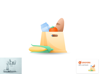 Grocery illustration corn design etmoney gradient groceries illustration milk shopping tomato ui illustration vector
