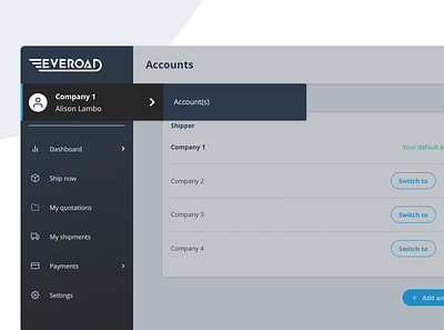 Everoad | Account switcher page branding design designsystem digital everoad logistic product switch transport ui ux