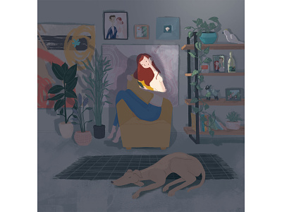 Just a girl, her dog, and some plants in the evening. illustration wacom intuos