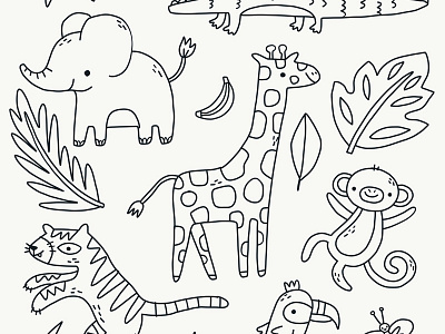 Cute Jungle Doodles banana crocodile doodle drawing elephant giraffe illustration leaves line work monkey tiger vector