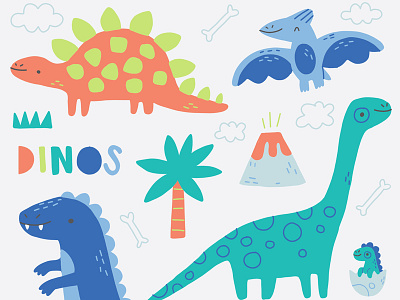 Dinosaur Doodles cute dinosaurs doodles drawings illustration pterodactyl t rex volcano