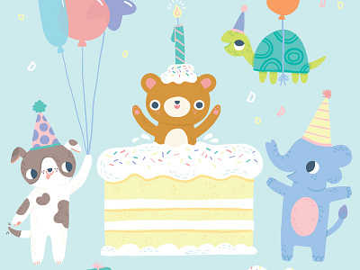 It's A Party! art licensing balloons bear birthday cake childrens art cute elephant greeting card illustration kid art party puppy turtle