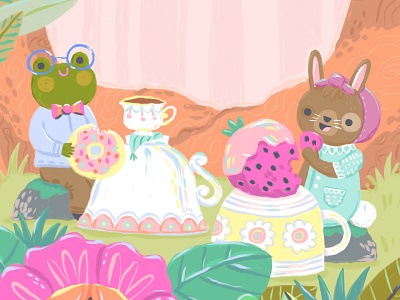 Frog and Bunny bunny character design cute flowers frog illustration pastel rabbit tea teacup woods