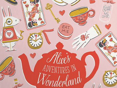Alice's Adventures in Wonderland Cover Illustration alice in wonderland art book book cover book design cute design drawing hearts illustration key pattern rabbit surface tea tea pot typography vector