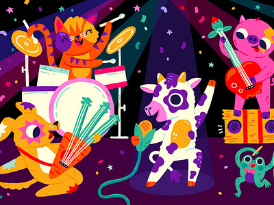 Farm Band band cat concert cow cute design dog drawing drums farm frog frogs guitar illustration music pig vector