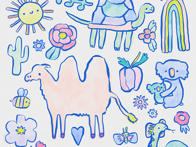 Animals and Rainbows illustration art licensing bee butterfly cactus camel cute drawing flowers illustration koala rainbow sketch snake sun turtle