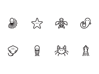 Sea Creatures crab fish icon jellyfish octopus pictogram ray sea creatures squid starfish turtle