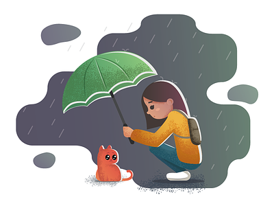 Girl and kitten in the rain
