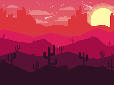 Sunset cactus city comet desert drawing horizon illustration sky stars sun sunset