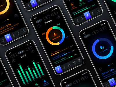 Health & Fitness App android app design clean dark mode dark ui dashboard fitness app gradient health app inspiration interface ios mobile statistics tracking app ui ux