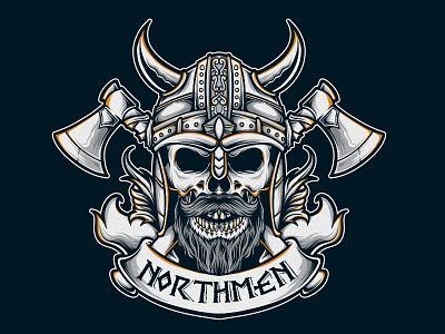 Northmen axe badge drawing illustration logo skull sticker viking