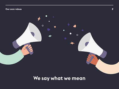 Zone Values Poster – We say what we mean agency branding character confetti culture cute design digital flat growth illustration megaphone minimal people poster speak value vector