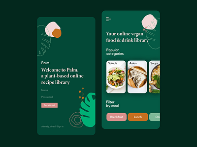 Palm Sign Up and Home Screens app colour dailyui design food green home interface iphone leaf mobile palm pink recipe screens sign ui uidaily ux vegan
