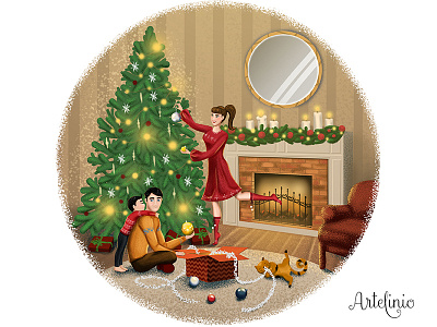 Christmas Family cat character children book christmas christmas tree decoration family illustration presents setting