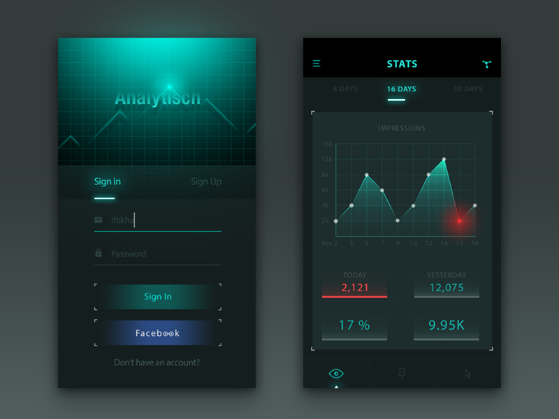 iOS - Analytic App ar app unique holo holographic hud icon dark mobile ios user interface light splash future log in stats mobile statistics analytic trends sign up up fui futuristic user experience dark ux ui design vr iphone dashboard