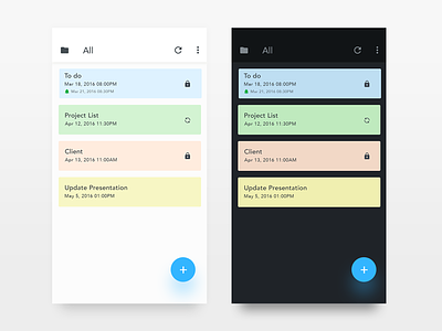 Note android App - UX/UI design android minimalist clean card diary notes color view enjoyable dark black colors design to do folder text minimal inspiration ux app interfaces light dark material digital easy menu white mobile ui gui list