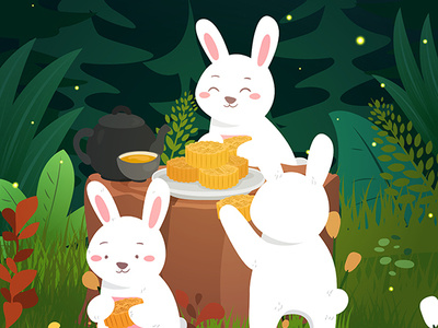 中秋节时兔子聚会/Rabbit party illustration during Mid-Autumn Festival chinese style chinese traditional festival illustration mid autumn festival moon cake rabbit