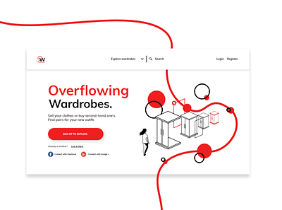 Overflowing wardrobes clothing e-shop landing page. app clothing design illustration landing page second hand ui ux vector wardrobe web