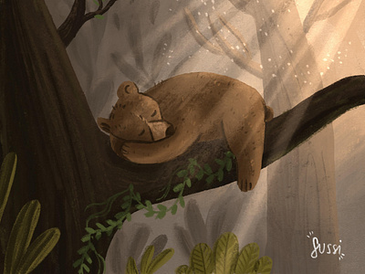 Bear sleeping in woods illustration