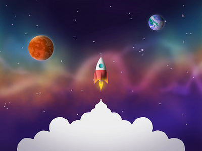 Space Travel 3d animation 2d colorful cute design earth flying illustration mars motion nebula planets rocket ship smoke space stars travel ui vector