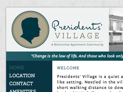 President's Village at font face boxes branding coded css html identity logo silhouette teal web design website