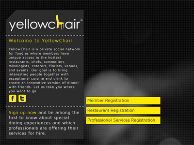 yellowchair landing page css dark design dining epicure experience foodie gastrosocial graphic design gray grey html landing page network pattern registration sign up social splash page web yellow yellowchair