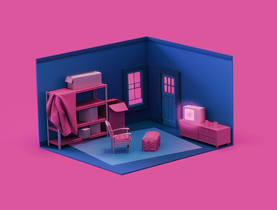 Room 3d boxes isometric keyshot room tv zbrush