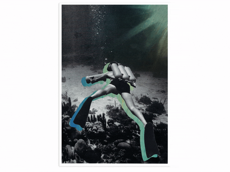 Deep Dive ✁ hand cut animated collage analogcollage animatedgif collageart digitaledition handcutted ocean photoshopanimation scuba diver