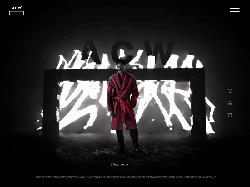 A Cold Wall concept website design 3d animation black dark lettering light man promo red wear