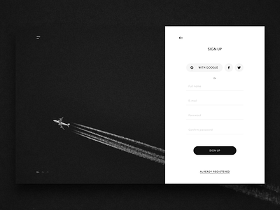 Registration interface black white design grey plane refined sign up simple design ui design ux design