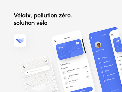 Vélaix - Pollution zéro, solution vélo app app design application application ui bike blue design map payment product design purple sport street ui design ux ux design