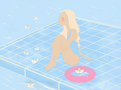 Pool character female girl illustration paper boat pool story swimming vector water