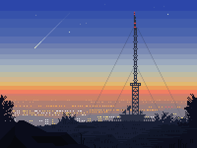 City at dusk comet dusk illustration landscape pixelart stars sunset