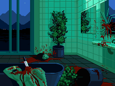 bathroom bathroom blue character contrast dark gradients green illustration pixelart pixelartist