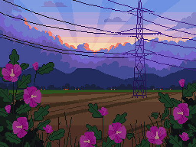 Fields background fields flowers gradients hibiscus illustration landscape mellow moody pixelart scenery sunset