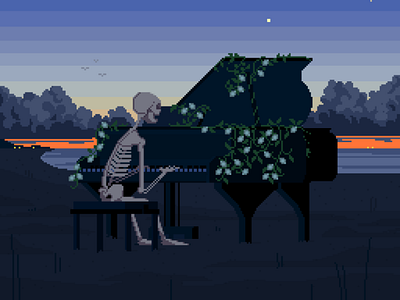 the play with no end allegory beach bones character death dusk illustration moody music ocean piano pixel pixelart pixelartist playing sand sea singing skelleton sunest