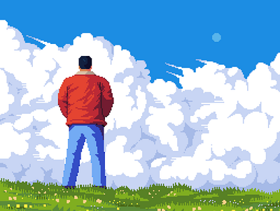 The guy with a red jacket character clouds design flowers grass illustration landscape pixelart pixelartist scenery sunny sunny day wholesome