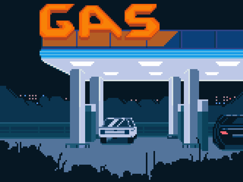 Late Night 8bit aesthetic animation blue cars city cityscape crickets darius anton dark gas illustration neon light night pixelart retro silent station summer wind