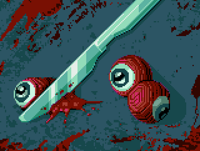 Too many eyes blood blue complementary concept contrast darius anton dirty eyes gore horror illustration knife pixel art red scary