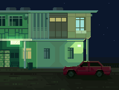 Cicada 8bit blue building car contrast darius anton design film green illustration moody night pixelart retro