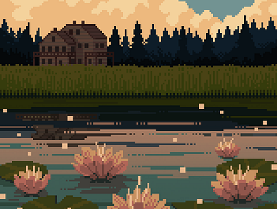 Pond 8bit clouds contrast cottage darius anton house illustration lake lilly moody pixelart pixelartist pond retro scenery sky water waterfall