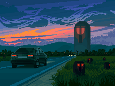 Occupied space 8bit aliens blue car clouds creatures darius anton design illustration landscape moody night orange pixelart pixelartist road scenery